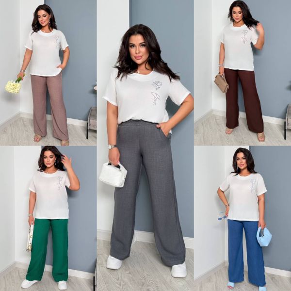 брючний костюм софт принт та штапель графіт шоколад джинс смарагд мокко