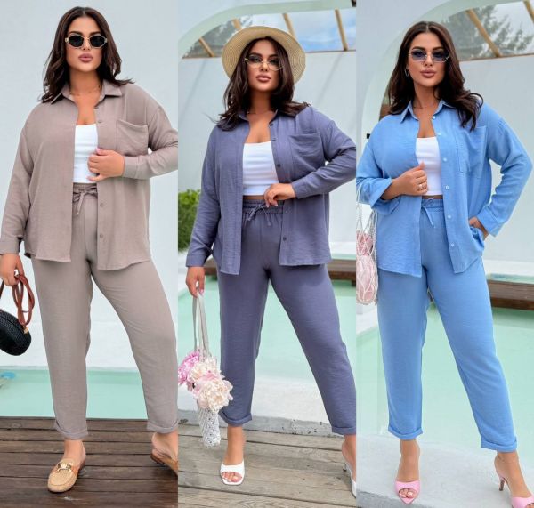 брючний костюм льон бохо графіт  джинс  мокко